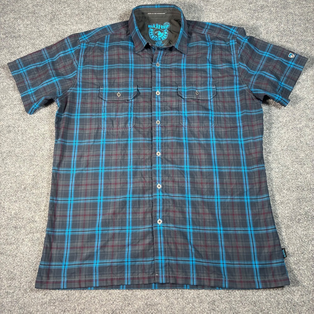 Kuhl Eluxur Shirt Mens Large Blue Plaid Short Sleeve Button Up Hiking Outdoor